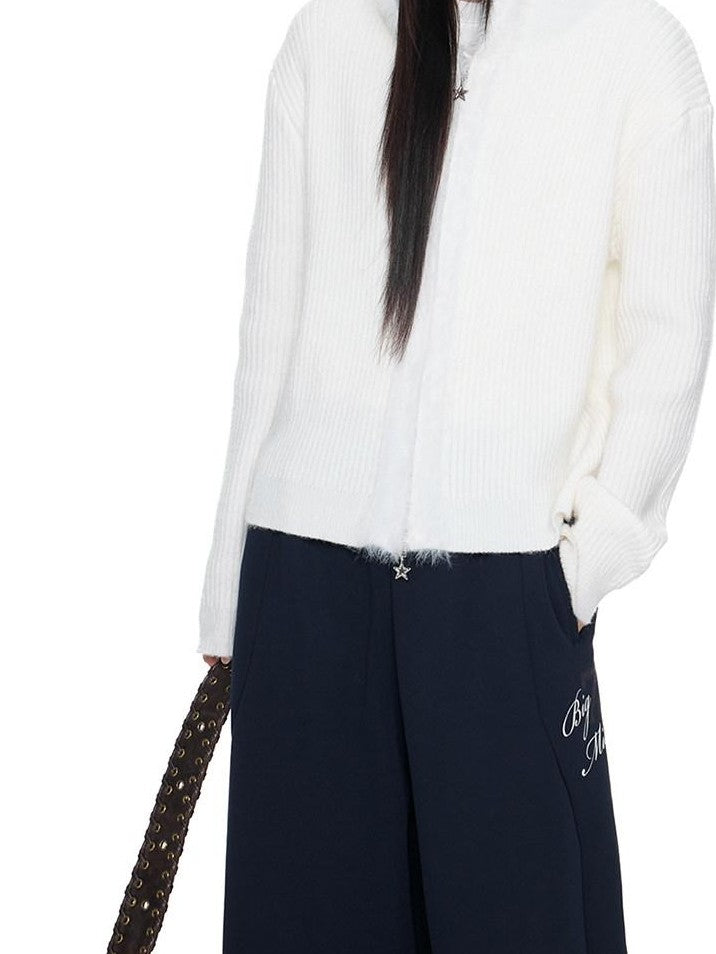 EZEK Bear Ear Hooded Knit Frayed Edge Spliced Chain Zipper Women's Acrylic Cardigans