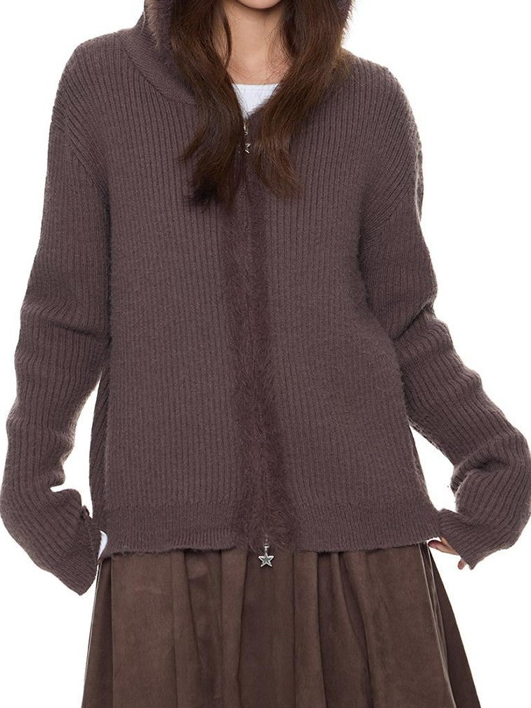 EZEK Bear Ear Hooded Knit Frayed Edge Spliced Chain Zipper Women's Acrylic Cardigans