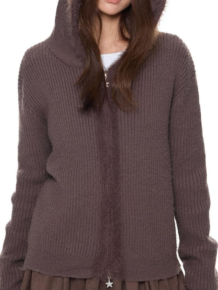 EZEK Bear Ear Hooded Knit Frayed Edge Spliced Chain Zipper Women's Acrylic Cardigans
