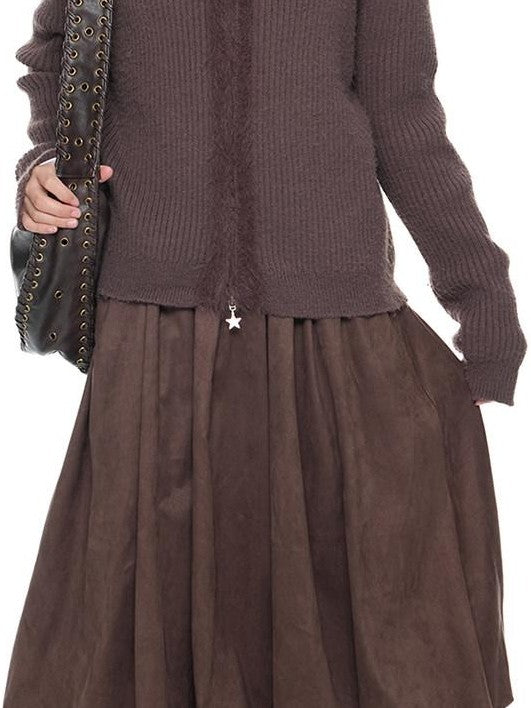 EZEK Bear Ear Hooded Knit Frayed Edge Spliced Chain Zipper Women's Acrylic Cardigans