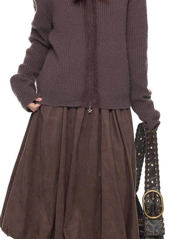 EZEK Bear Ear Hooded Knit Frayed Edge Spliced Chain Zipper Women's Acrylic Cardigans