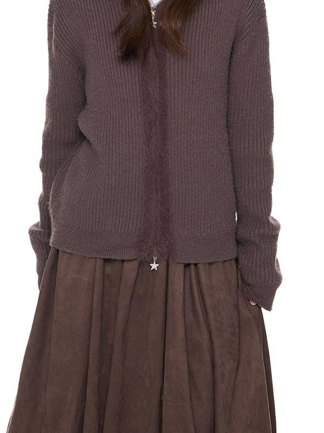 EZEK Bear Ear Hooded Knit Frayed Edge Spliced Chain Zipper Women's Acrylic Cardigans