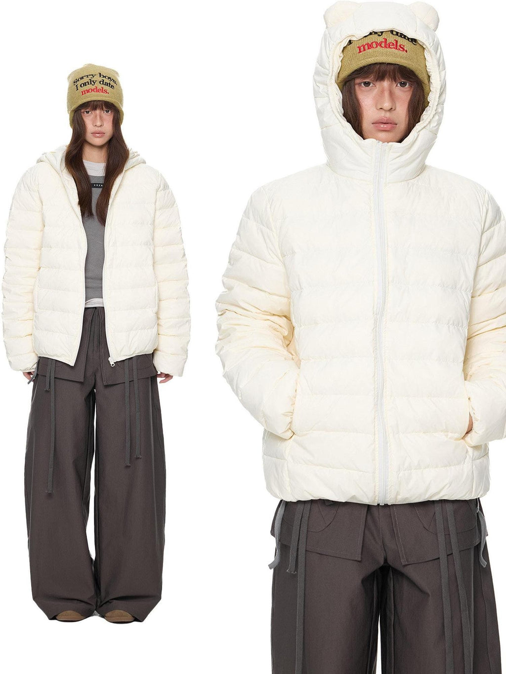 EZEK Bear Ear Ribbed Quilted Loose Hooded Women's White Duck Down Down Jackets