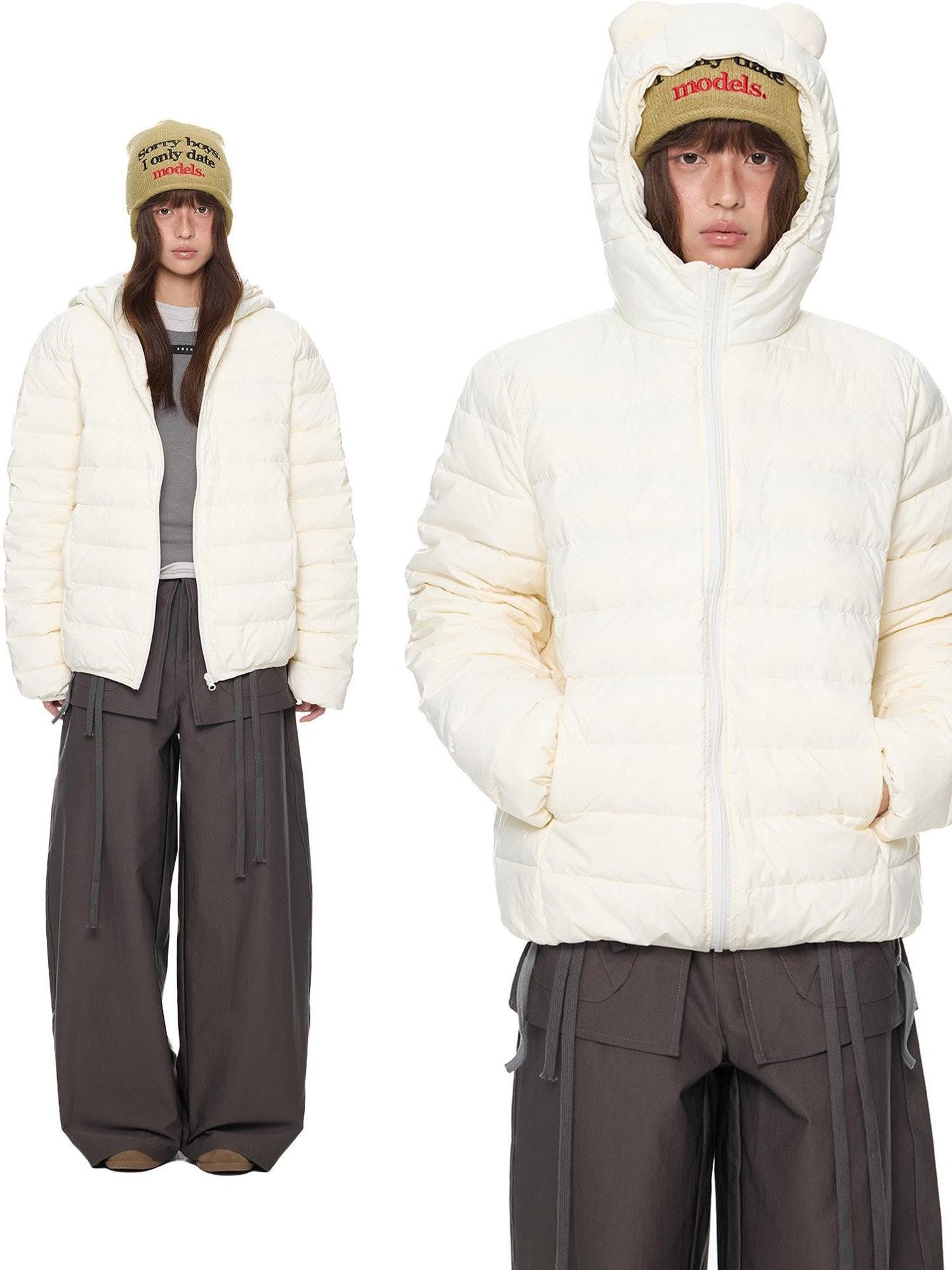 EZEK Bear Ear Ribbed Quilted Loose Hooded Women's White Duck Down Down Jackets
