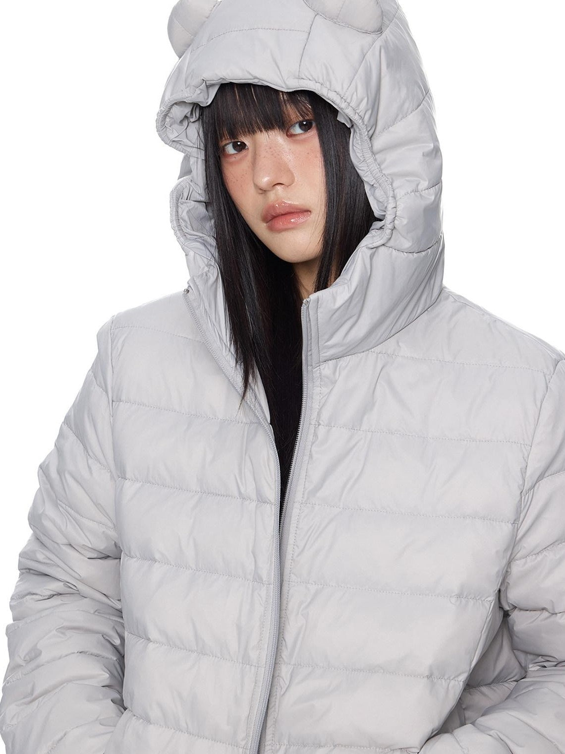 EZEK Bear Ear Ribbed Quilted Loose Hooded Women's White Duck Down Down Jackets