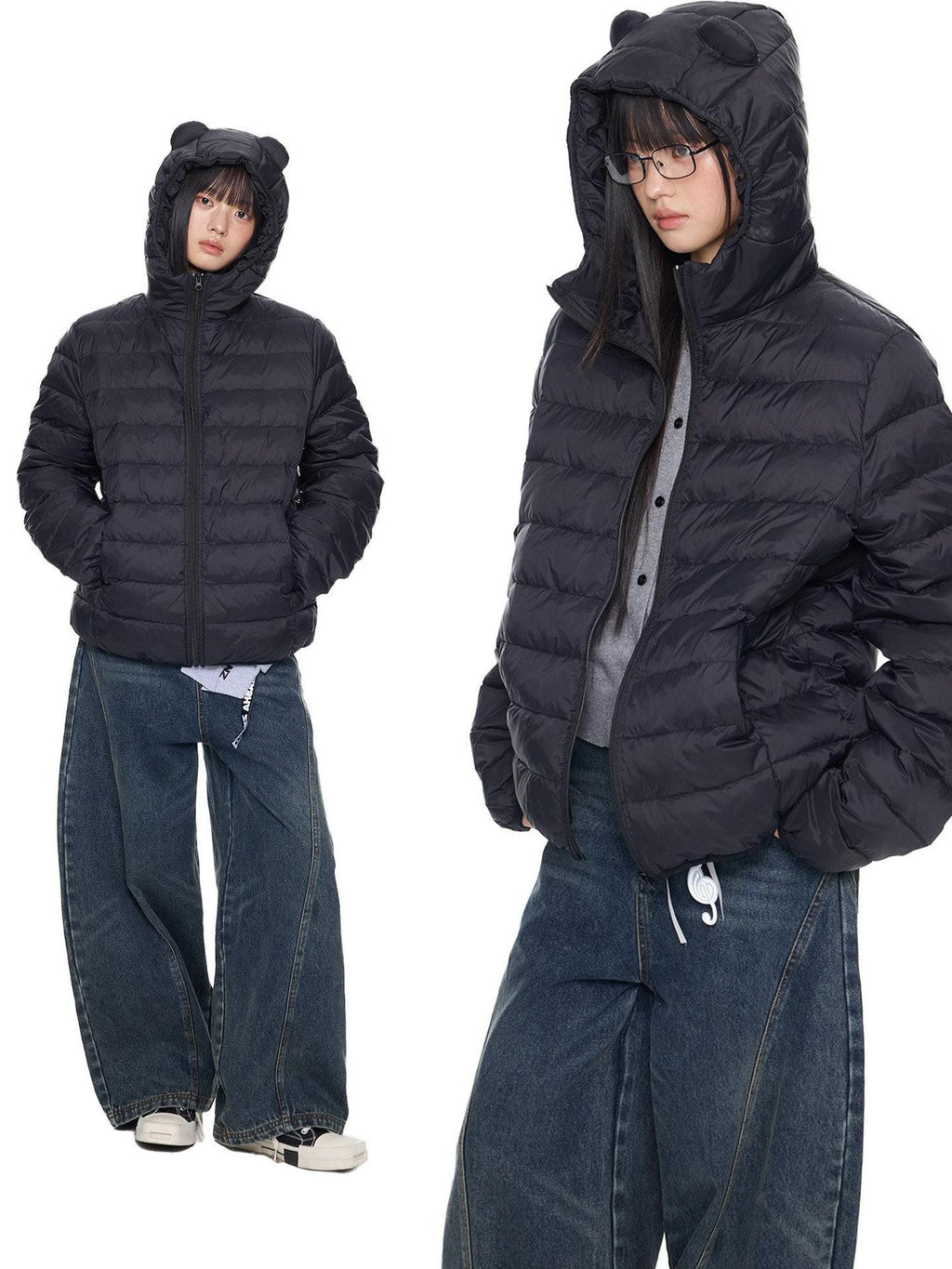 EZEK Bear Ear Ribbed Quilted Loose Hooded Women's White Duck Down Down Jackets