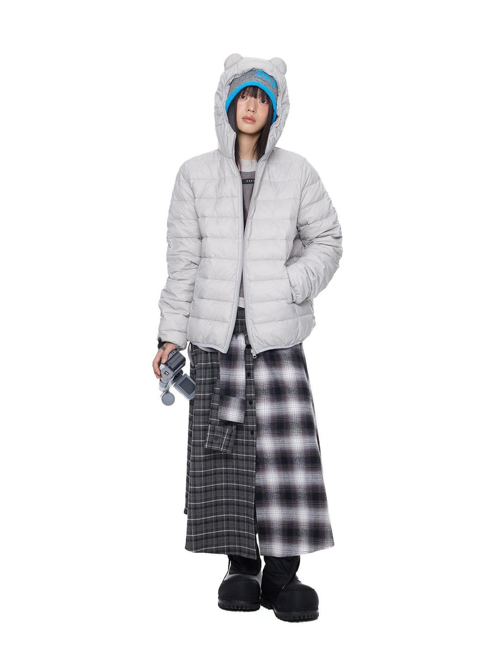 EZEK Bear Ear Ribbed Quilted Loose Hooded Women's White Duck Down Down Jackets