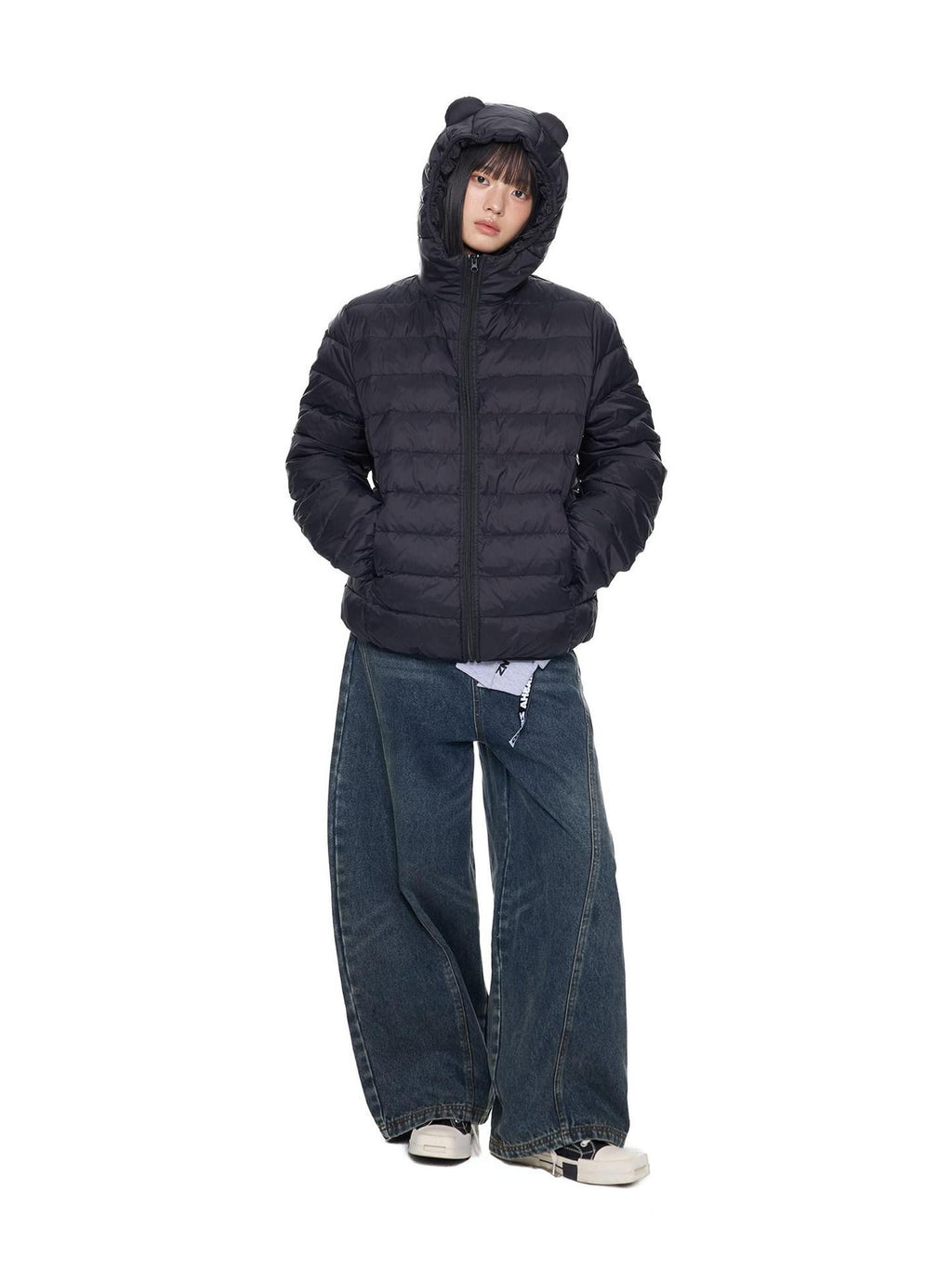 EZEK Bear Ear Ribbed Quilted Loose Hooded Women's White Duck Down Down Jackets