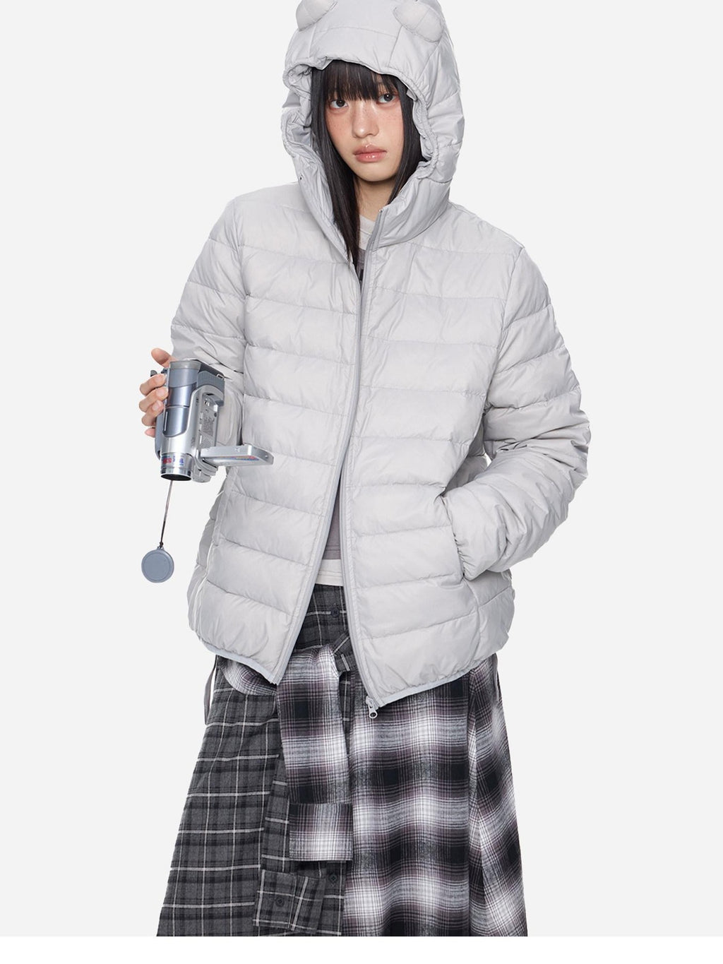 EZEK Bear Ear Ribbed Quilted Loose Hooded Women's White Duck Down Down Jackets