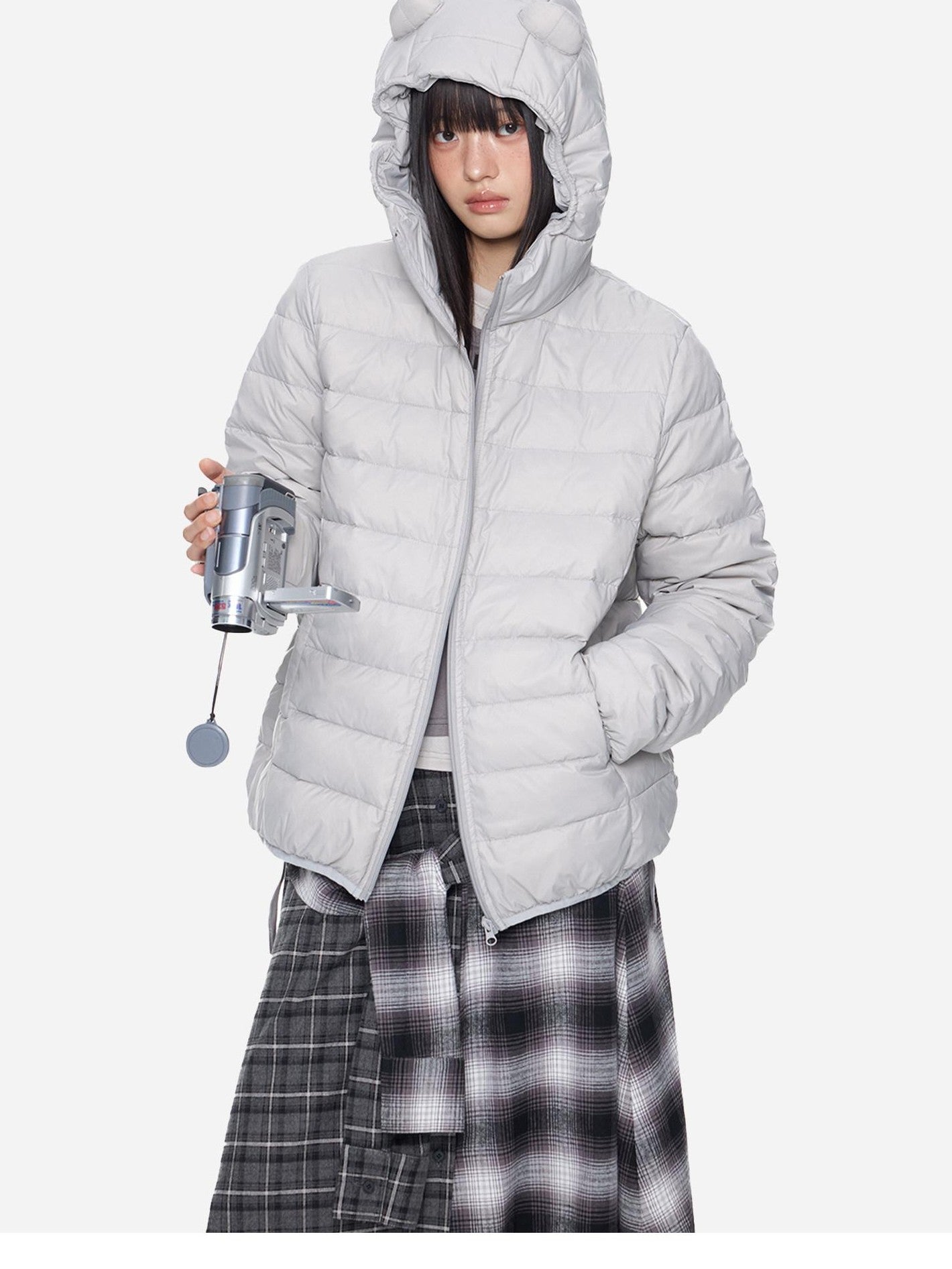 EZEK Bear Ear Ribbed Quilted Loose Hooded Women's White Duck Down Down Jackets