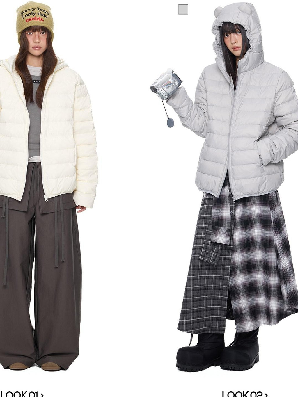 EZEK Bear Ear Ribbed Quilted Loose Hooded Women's White Duck Down Down Jackets