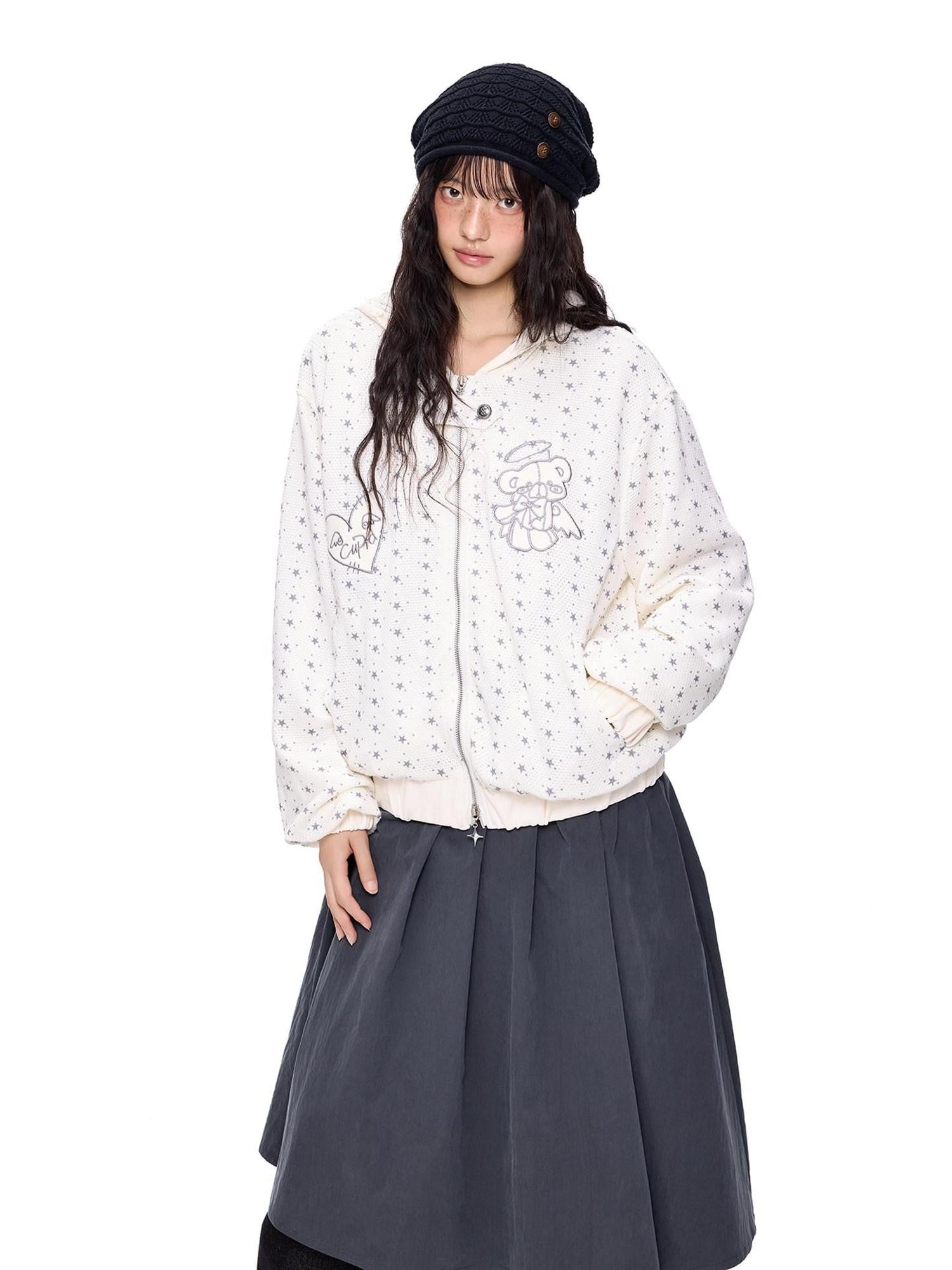 EZEK Bear Star Allover Print Pocket Ribbed Hem Women's Cotton Zip-up Hoodies