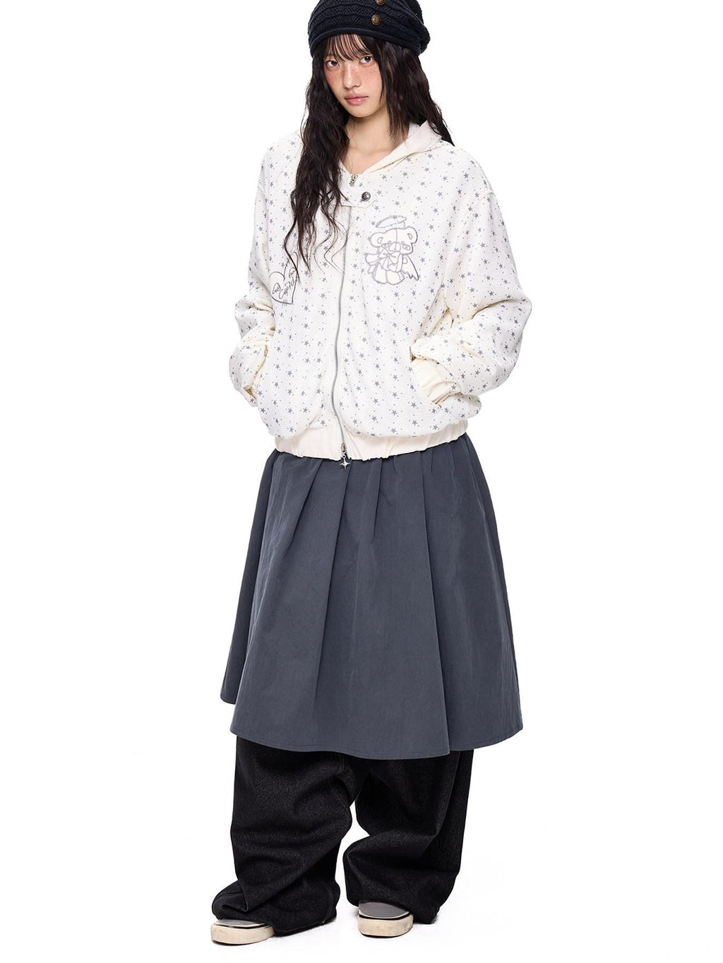 EZEK Bear Star Allover Print Pocket Ribbed Hem Women's Cotton Zip-up Hoodies