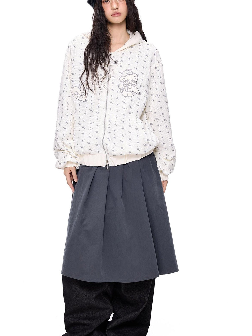 EZEK Bear Star Allover Print Pocket Ribbed Hem Women's Cotton Zip-up Hoodies