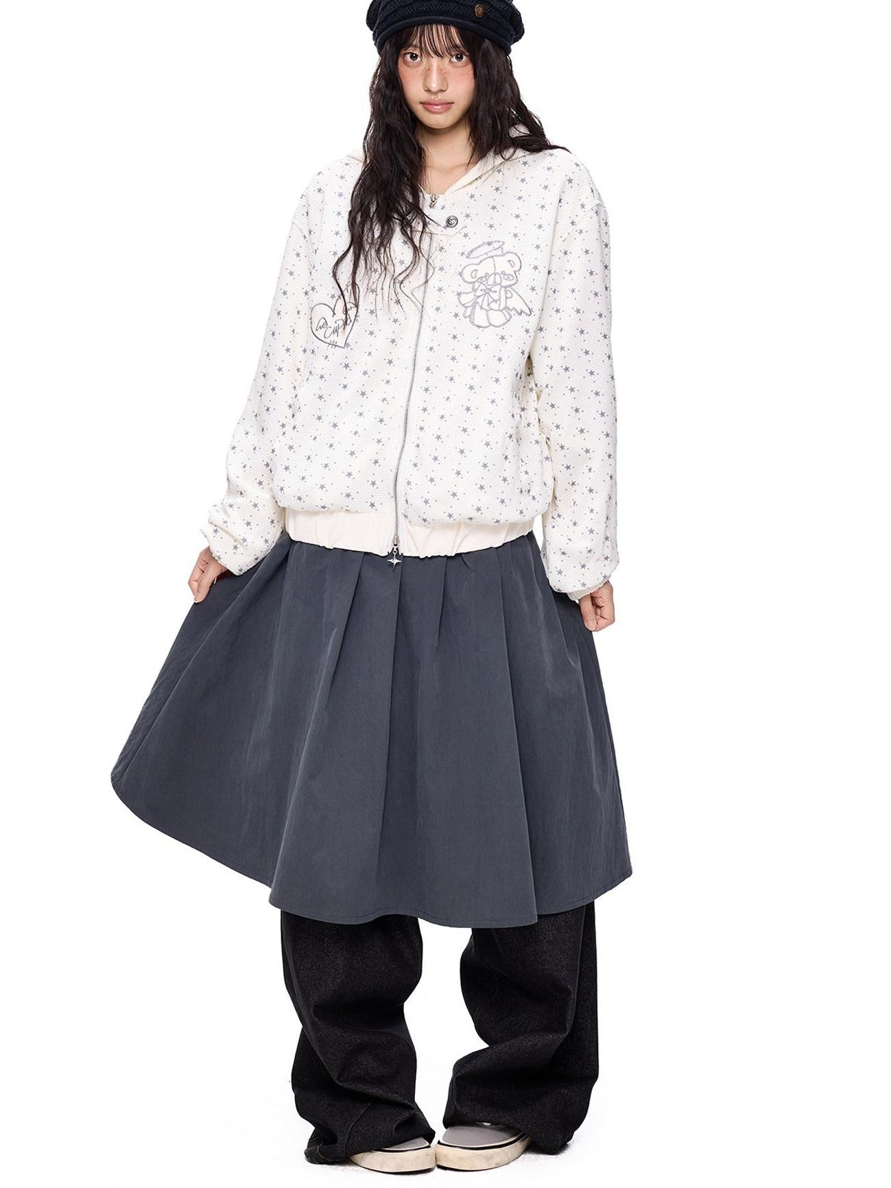 EZEK Bear Star Allover Print Pocket Ribbed Hem Women's Cotton Zip-up Hoodies