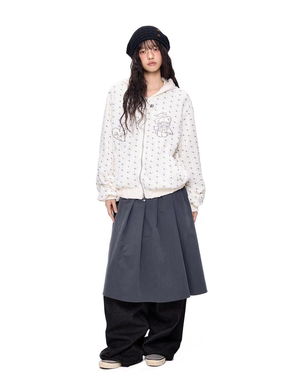 EZEK Bear Star Allover Print Pocket Ribbed Hem Women's Cotton Zip-up Hoodies
