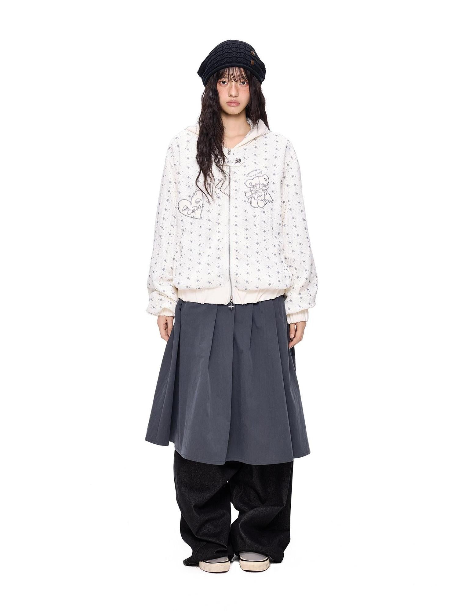 EZEK Bear Star Allover Print Pocket Ribbed Hem Women's Cotton Zip-up Hoodies