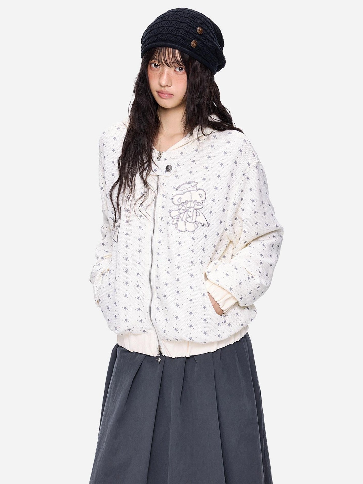 EZEK Bear Star Allover Print Pocket Ribbed Hem Women's Cotton Zip-up Hoodies