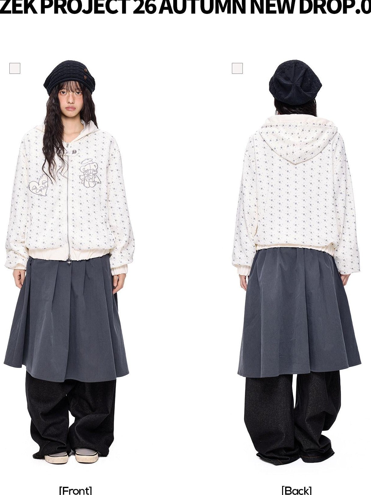 EZEK Bear Star Allover Print Pocket Ribbed Hem Women's Cotton Zip-up Hoodies