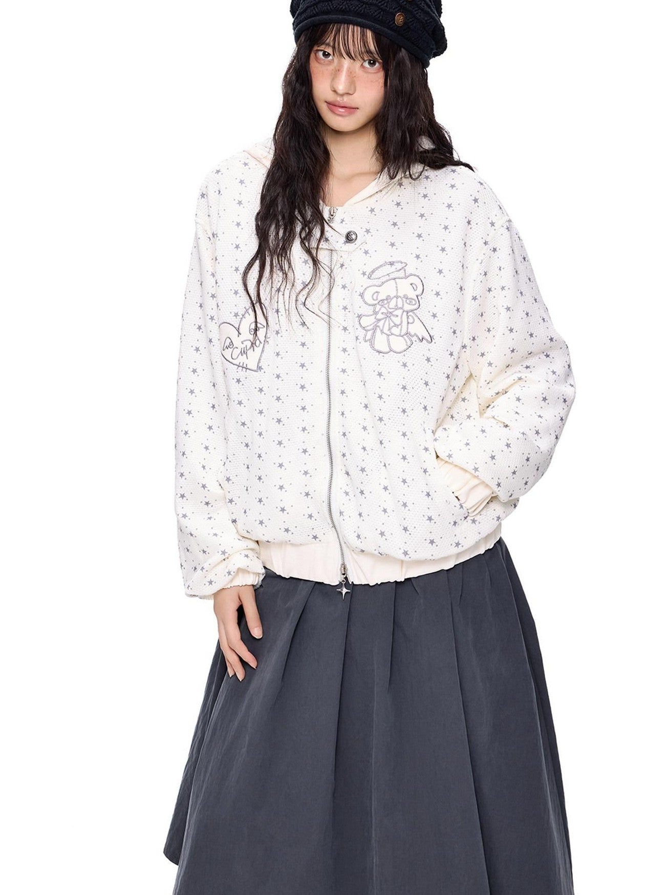 EZEK Bear Star Allover Print Pocket Ribbed Hem Women's Cotton Zip-up Hoodies