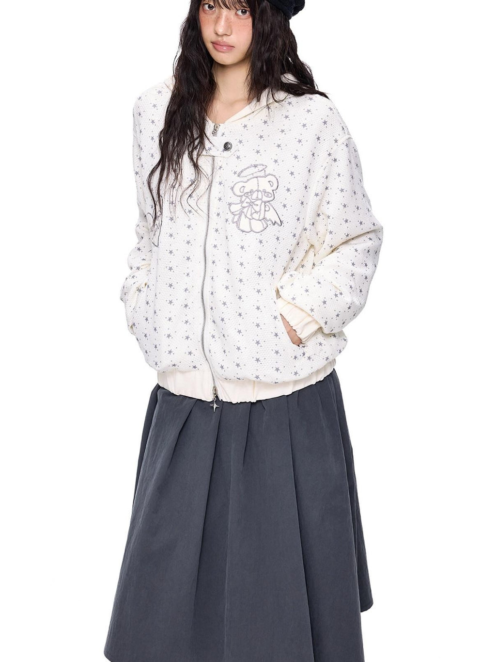 EZEK Bear Star Allover Print Pocket Ribbed Hem Women's Cotton Zip-up Hoodies