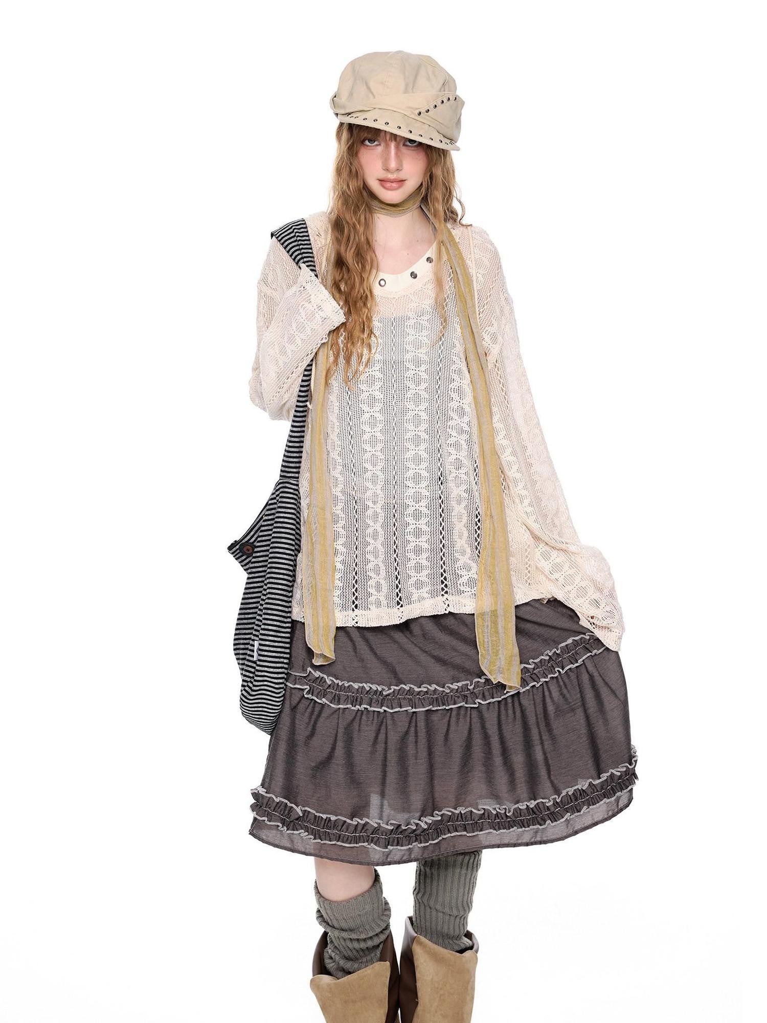 EZEK Beige Vintage Openwork Knit Women's Cotton Blend Long Sleeve T-shirts
