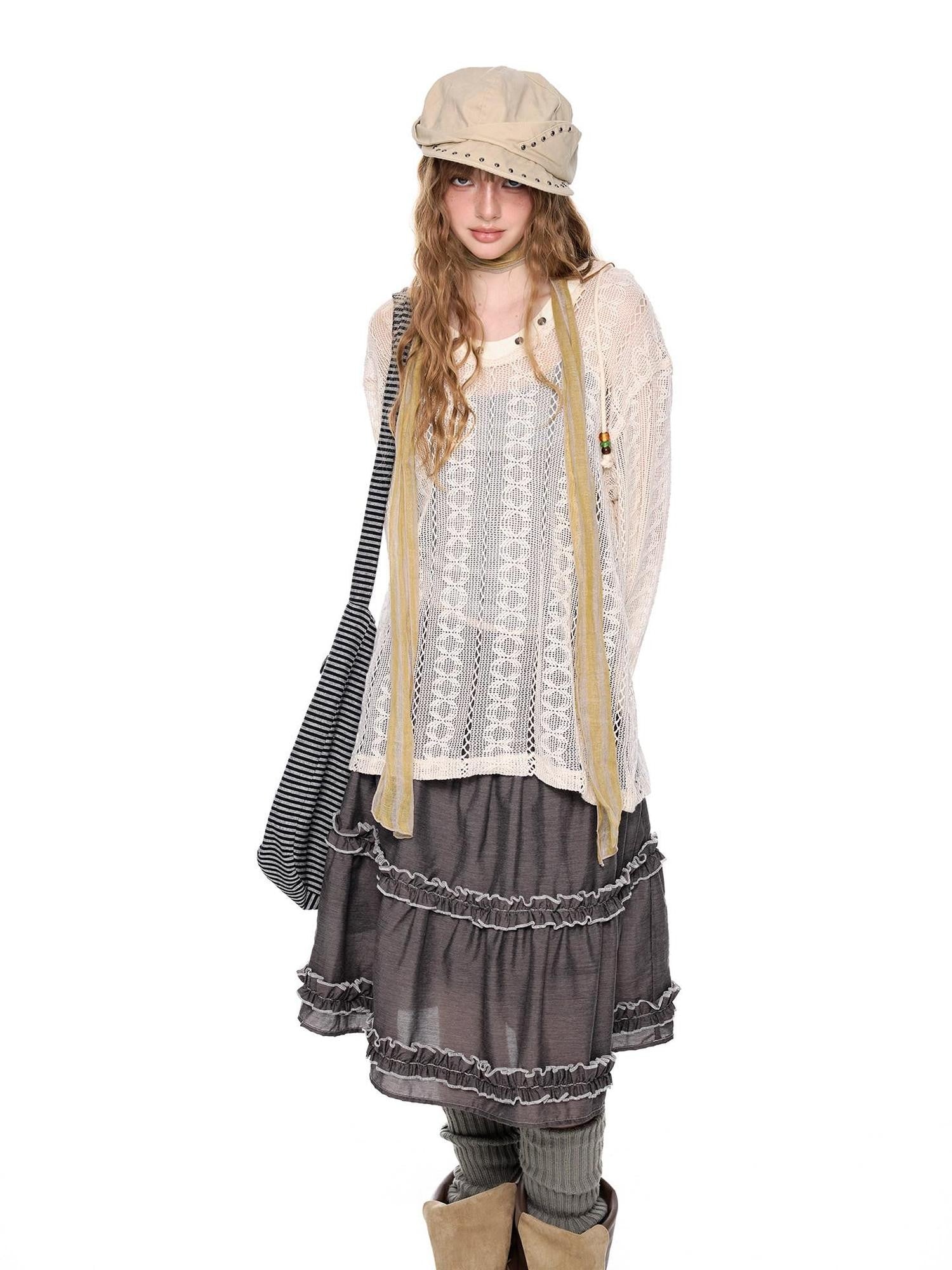 EZEK Beige Vintage Openwork Knit Women's Cotton Blend Long Sleeve T-shirts