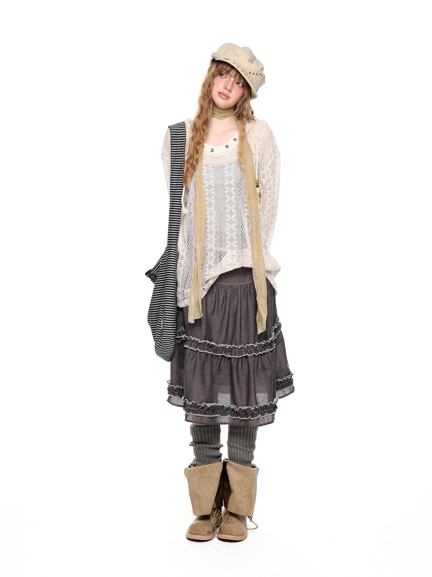 EZEK Beige Vintage Openwork Knit Women's Cotton Blend Long Sleeve T-shirts