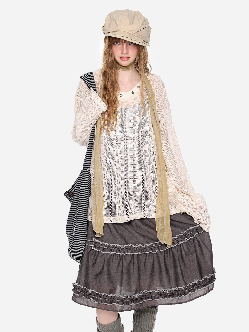 EZEK Beige Vintage Openwork Knit Women's Cotton Blend Long Sleeve T-shirts