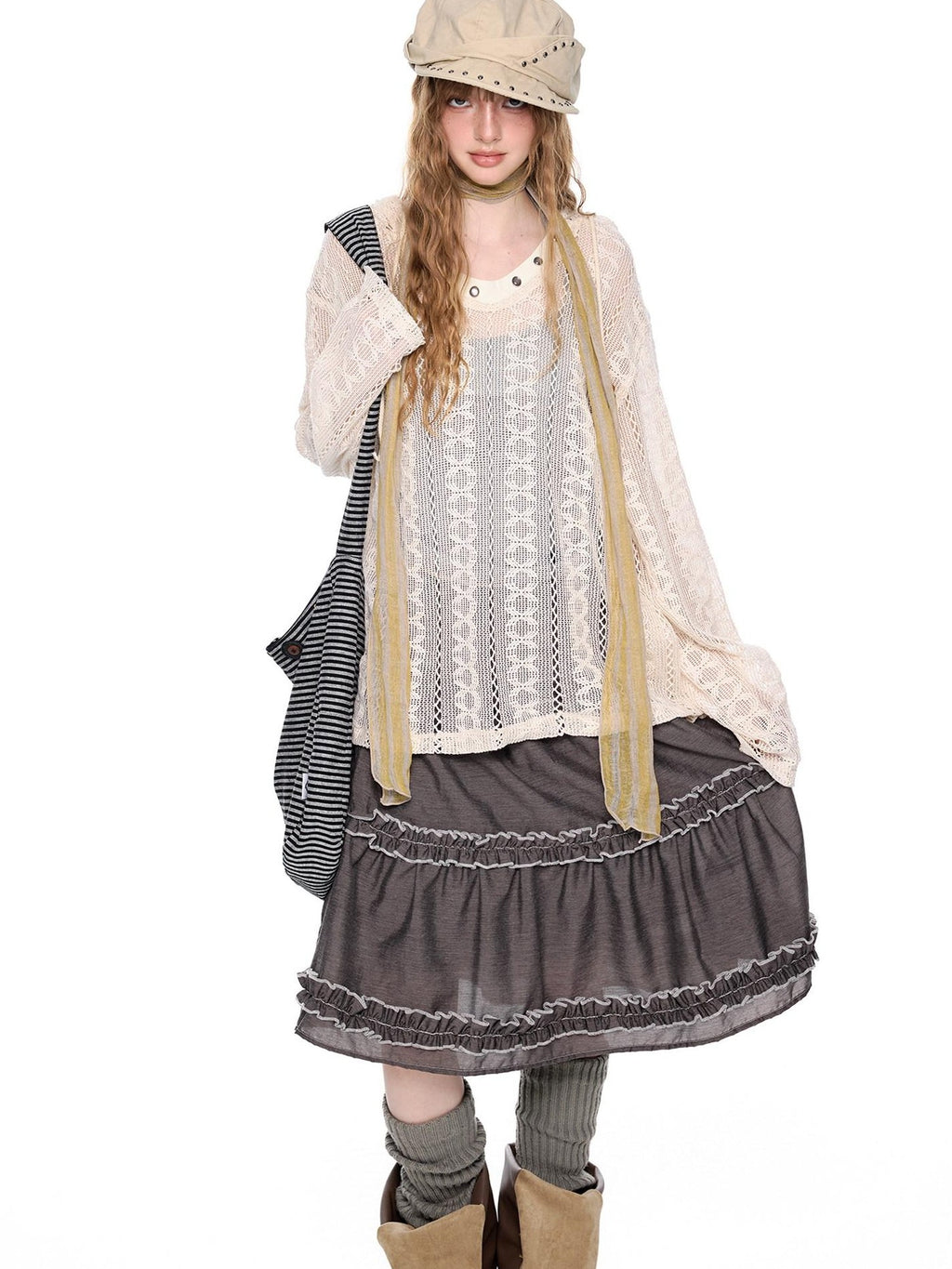 EZEK Beige Vintage Openwork Knit Women's Cotton Blend Long Sleeve T-shirts