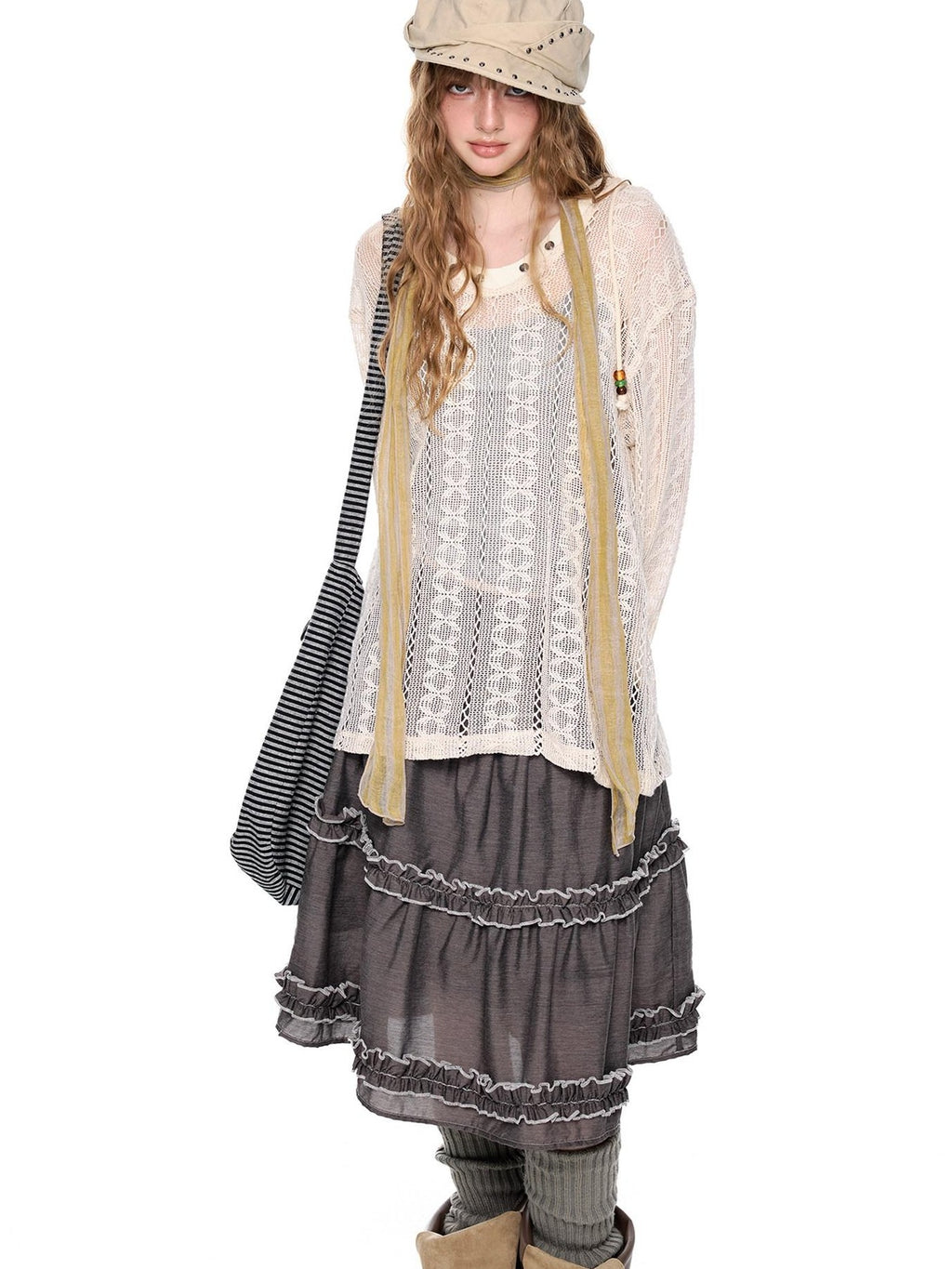 EZEK Beige Vintage Openwork Knit Women's Cotton Blend Long Sleeve T-shirts