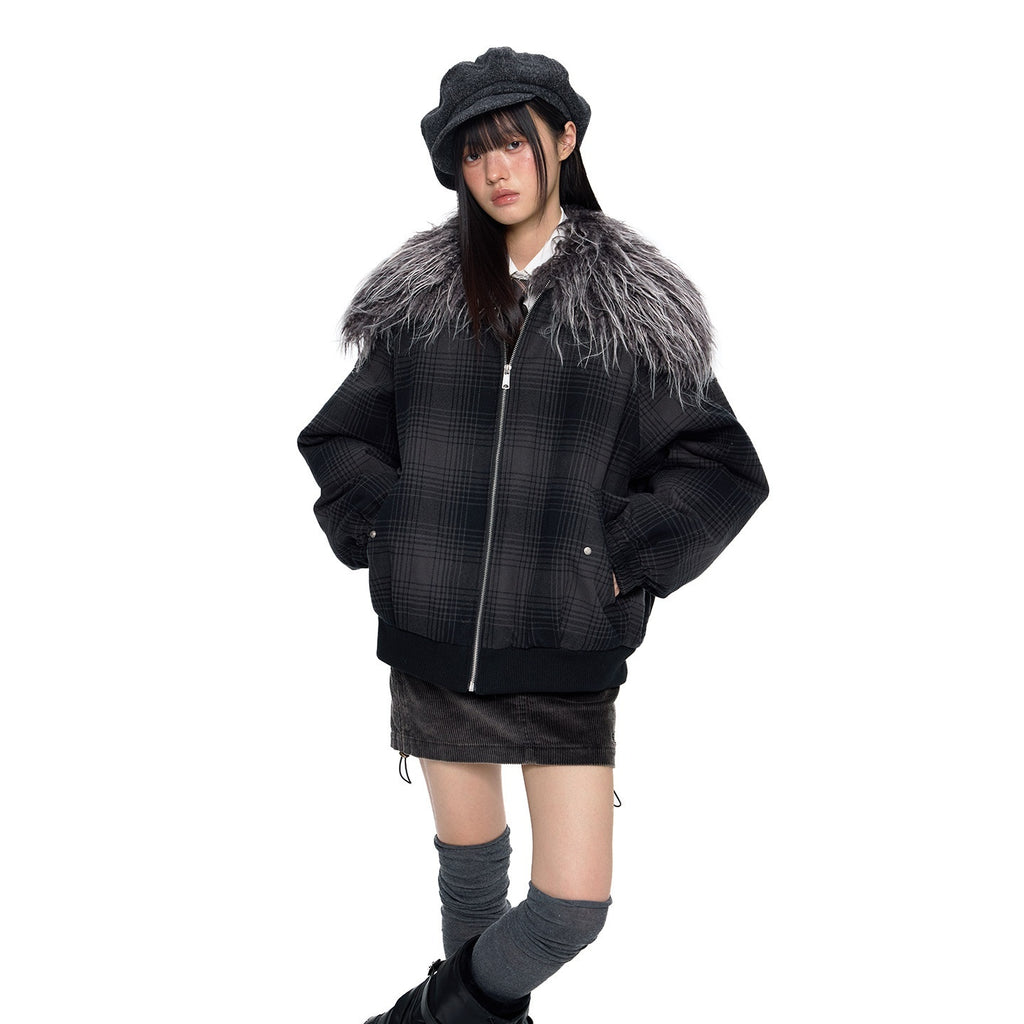EZEK_Black_Gray_Plaid_Faux_Fur_Collar_Zippered_Oversized_Women's_Cotton_Puffer_Jackets_981066450711_MISSTT
