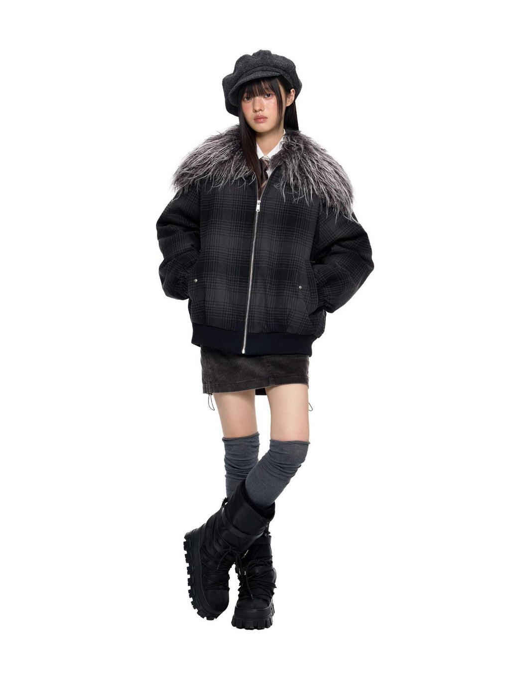 EZEK Black Gray Plaid Faux Fur Collar Zippered Oversized Women's Cotton Puffer Jackets