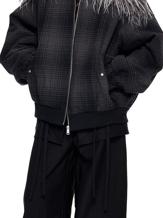 EZEK Black Gray Plaid Faux Fur Collar Zippered Oversized Women's Cotton Puffer Jackets