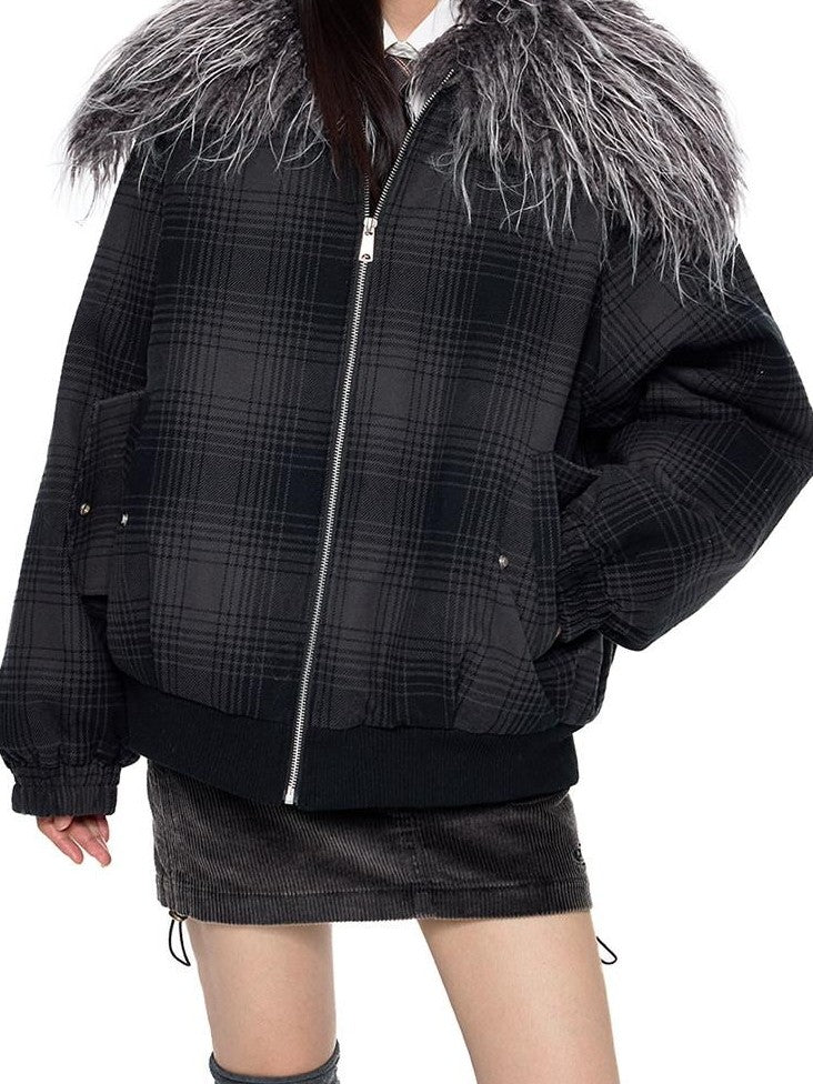EZEK Black Gray Plaid Faux Fur Collar Zippered Oversized Women's Cotton Puffer Jackets