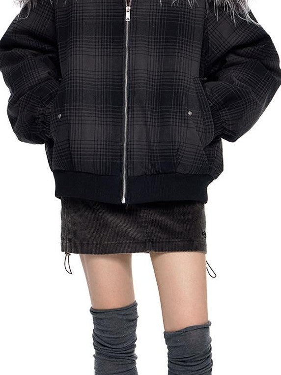 EZEK Black Gray Plaid Faux Fur Collar Zippered Oversized Women's Cotton Puffer Jackets