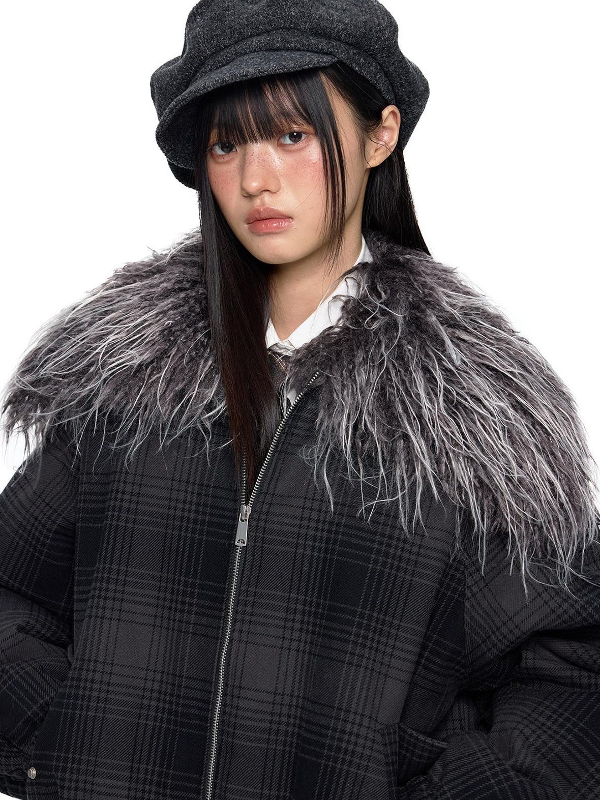 EZEK Black Gray Plaid Faux Fur Collar Zippered Oversized Women's Cotton Puffer Jackets
