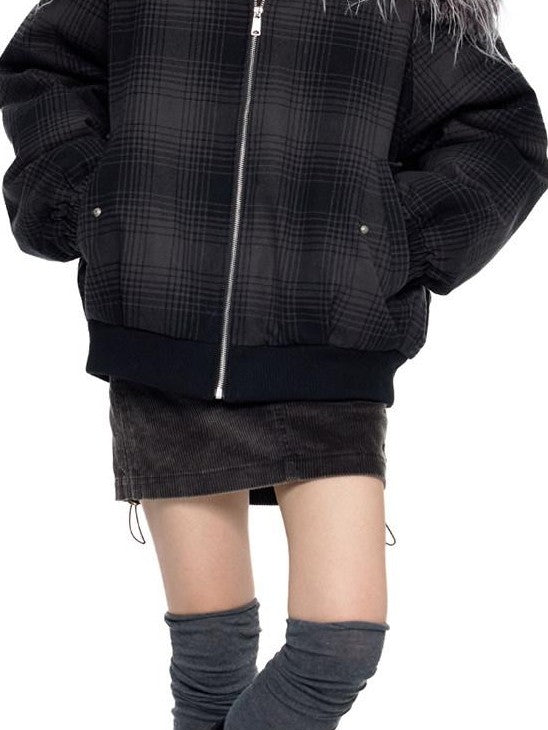EZEK Black Gray Plaid Faux Fur Collar Zippered Oversized Women's Cotton Puffer Jackets