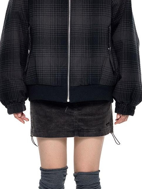 EZEK Black Gray Plaid Faux Fur Collar Zippered Oversized Women's Cotton Puffer Jackets