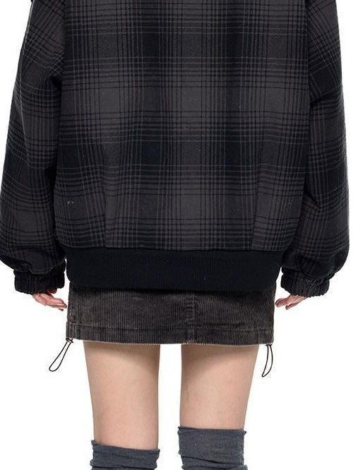 EZEK Black Gray Plaid Faux Fur Collar Zippered Oversized Women's Cotton Puffer Jackets