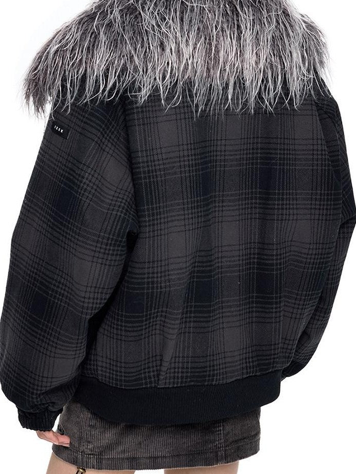EZEK Black Gray Plaid Faux Fur Collar Zippered Oversized Women's Cotton Puffer Jackets