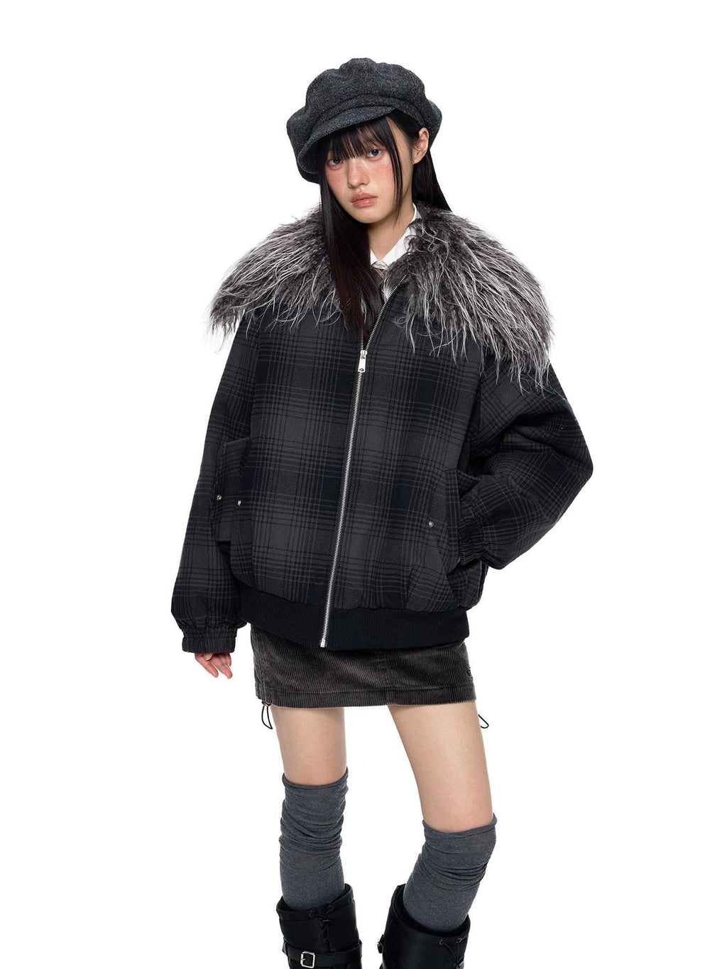 EZEK Black Gray Plaid Faux Fur Collar Zippered Oversized Women's Cotton Puffer Jackets