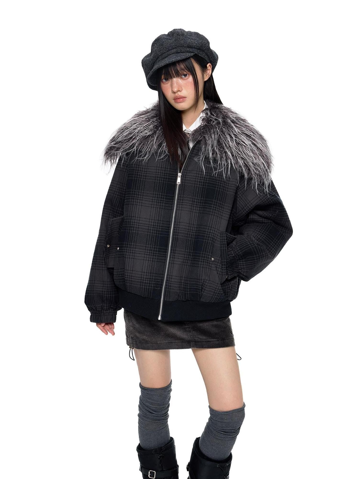 EZEK Black Gray Plaid Faux Fur Collar Zippered Oversized Women's Cotton Puffer Jackets