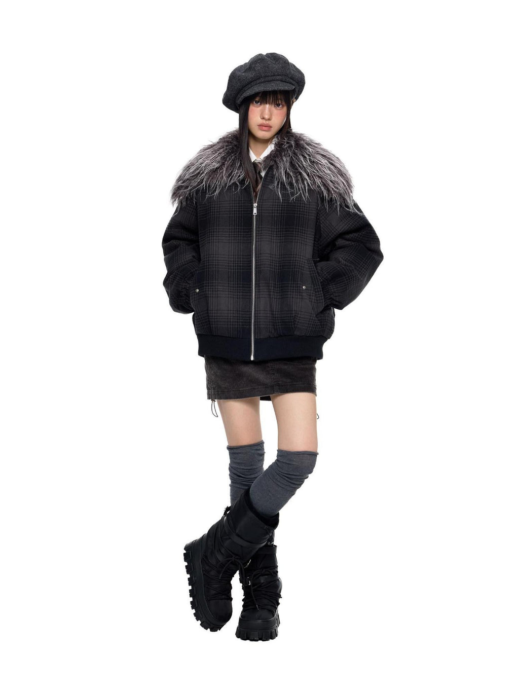 EZEK Black Gray Plaid Faux Fur Collar Zippered Oversized Women's Cotton Puffer Jackets