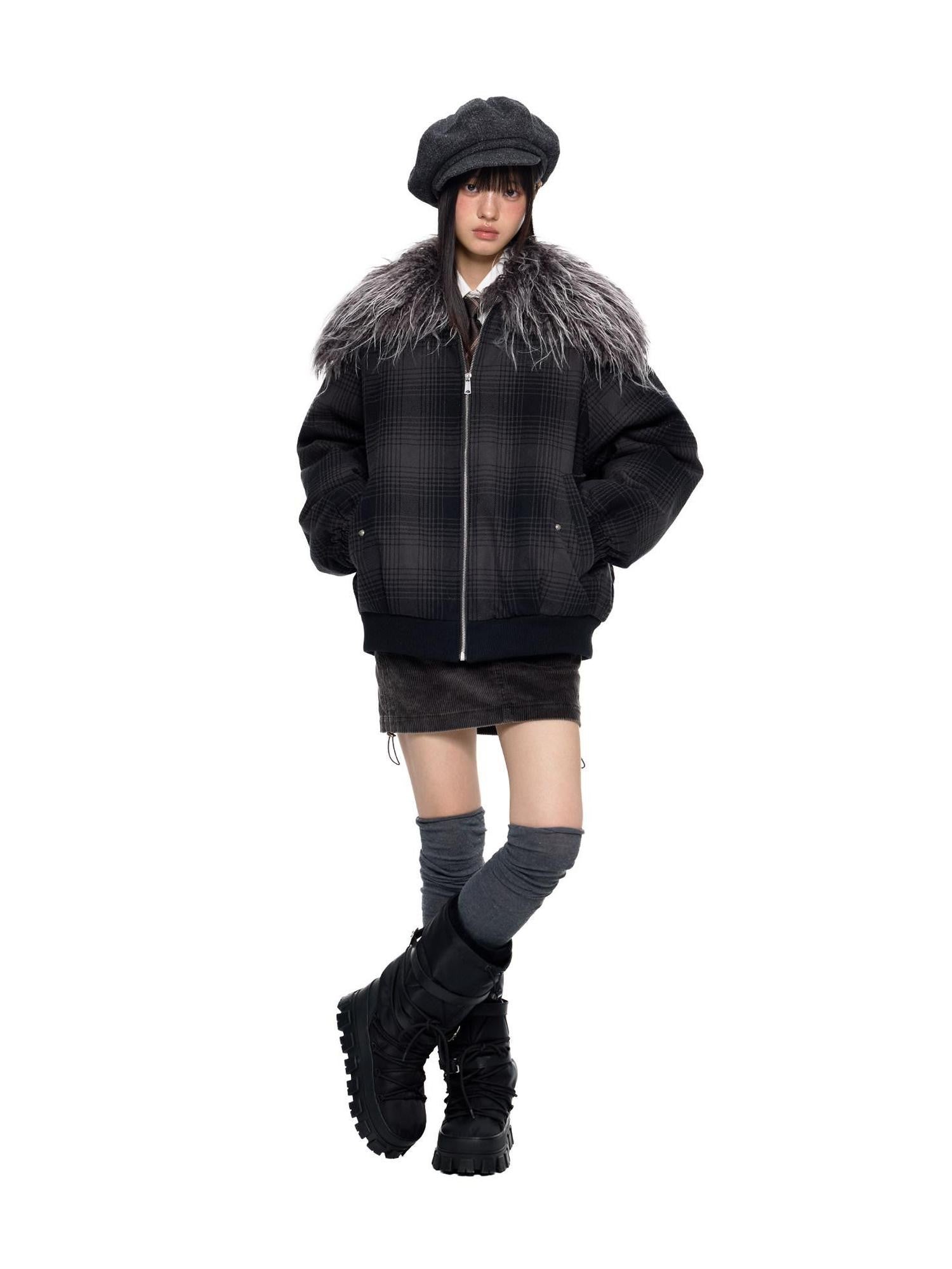 EZEK Black Gray Plaid Faux Fur Collar Zippered Oversized Women's Cotton Puffer Jackets