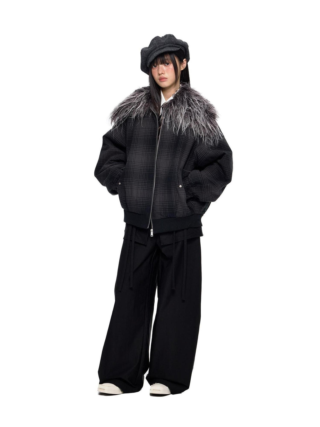 EZEK Black Gray Plaid Faux Fur Collar Zippered Oversized Women's Cotton Puffer Jackets