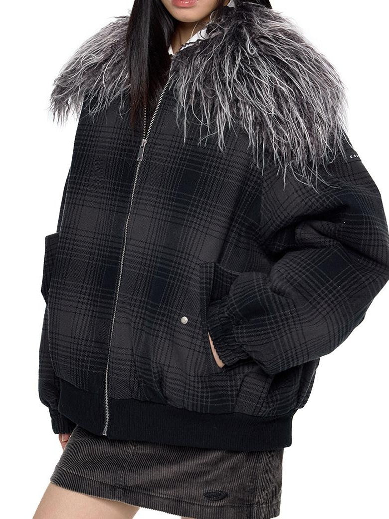 EZEK Black Gray Plaid Faux Fur Collar Zippered Oversized Women's Cotton Puffer Jackets