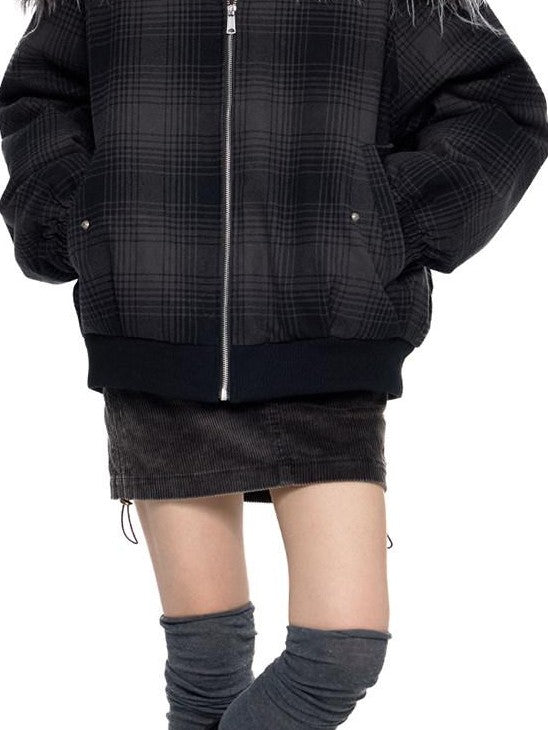 EZEK Black Gray Plaid Faux Fur Collar Zippered Oversized Women's Cotton Puffer Jackets