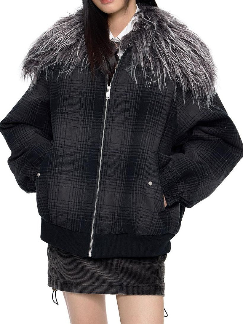 EZEK Black Gray Plaid Faux Fur Collar Zippered Oversized Women's Cotton Puffer Jackets