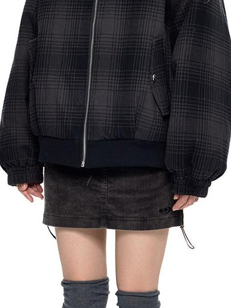 EZEK Black Gray Plaid Faux Fur Collar Zippered Oversized Women's Cotton Puffer Jackets